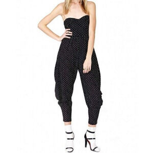 Vtg Diamonds Run Jumpsuit Black Polka Dot Strapless Sweetheart Harem Retro XS